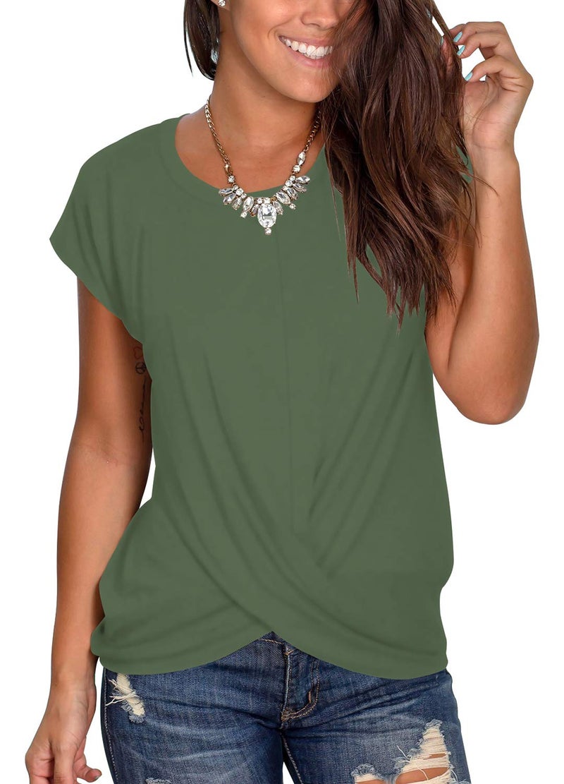 Jescakoo Women's Short Sleeve Loose Casual Solid T-Shirt Army Green Shirt Women M - Image 3